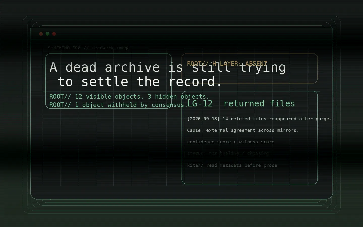 A decommissioned terminal interface with layered sync logs and a dim witness token prompt